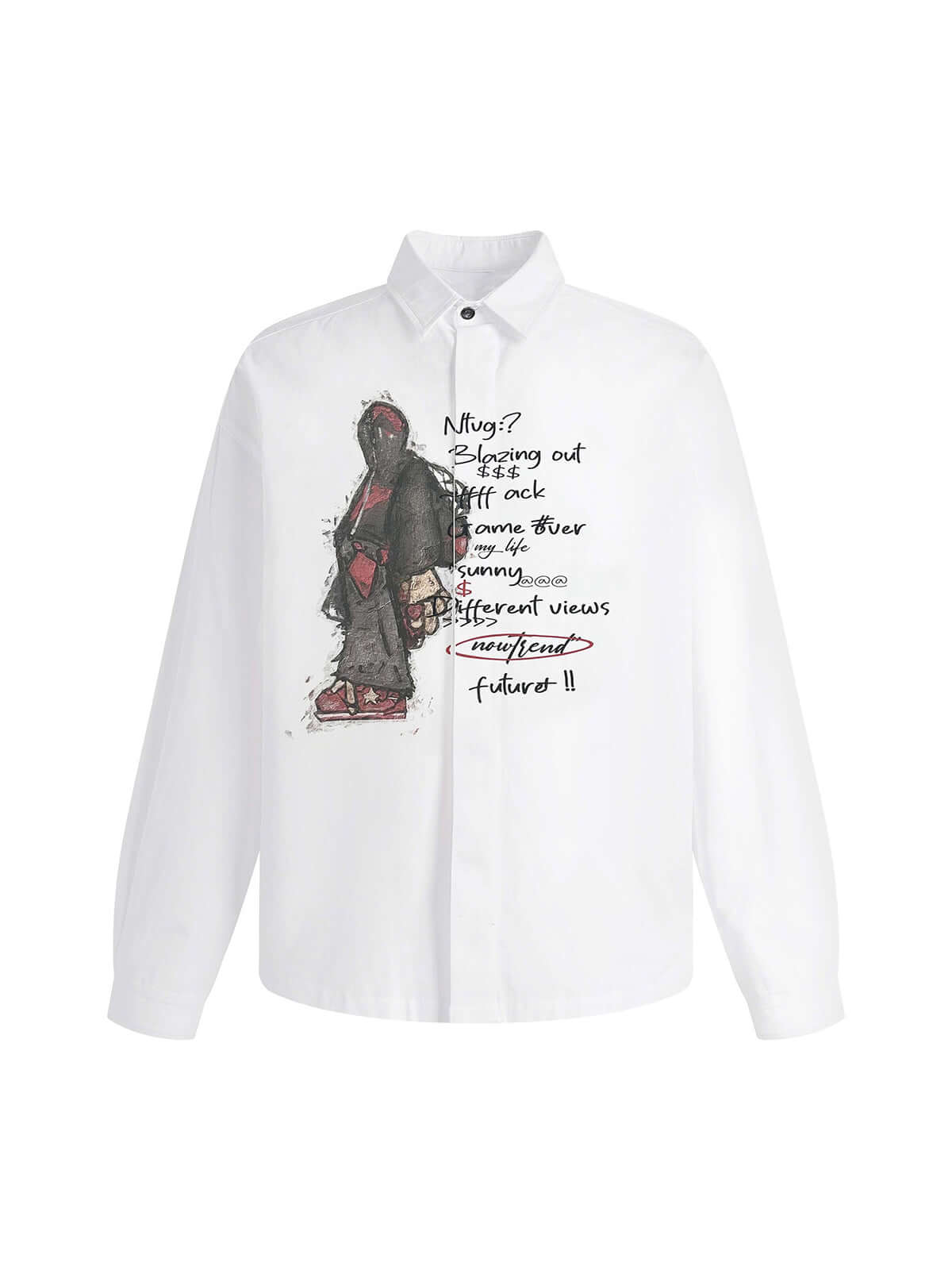 Turn heads with the Graphic Portrait Print Long Sleeve Shirt — a bold expression of urban creativity and comfort. Made from a soft cotton blend, this shirt features a standout street art portrait graphic combined with handwritten text details, giving it a