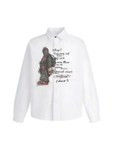 Turn heads with the Graphic Portrait Print Long Sleeve Shirt — a bold expression of urban creativity and comfort. Made from a soft cotton blend, this shirt features a standout street art portrait graphic combined with handwritten text details, giving it a