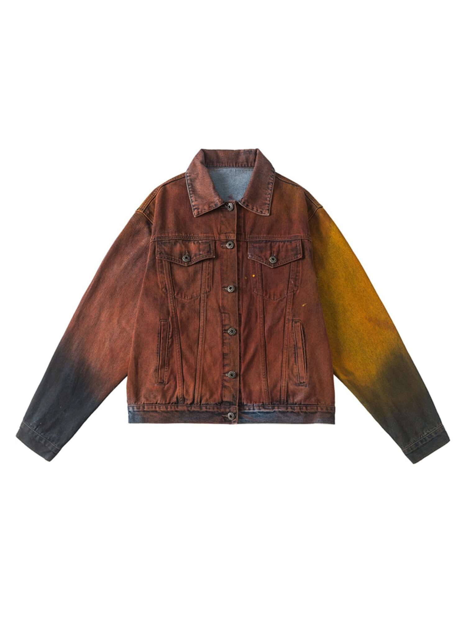 Add bold personality to your wardrobe with the High Street Distressed Spray-painted Denim Jacket — a perfect fusion of edgy design and cozy comfort. Crafted from durable denim with a soft faux fur lining, this jacket features a modern gradient spray-paint