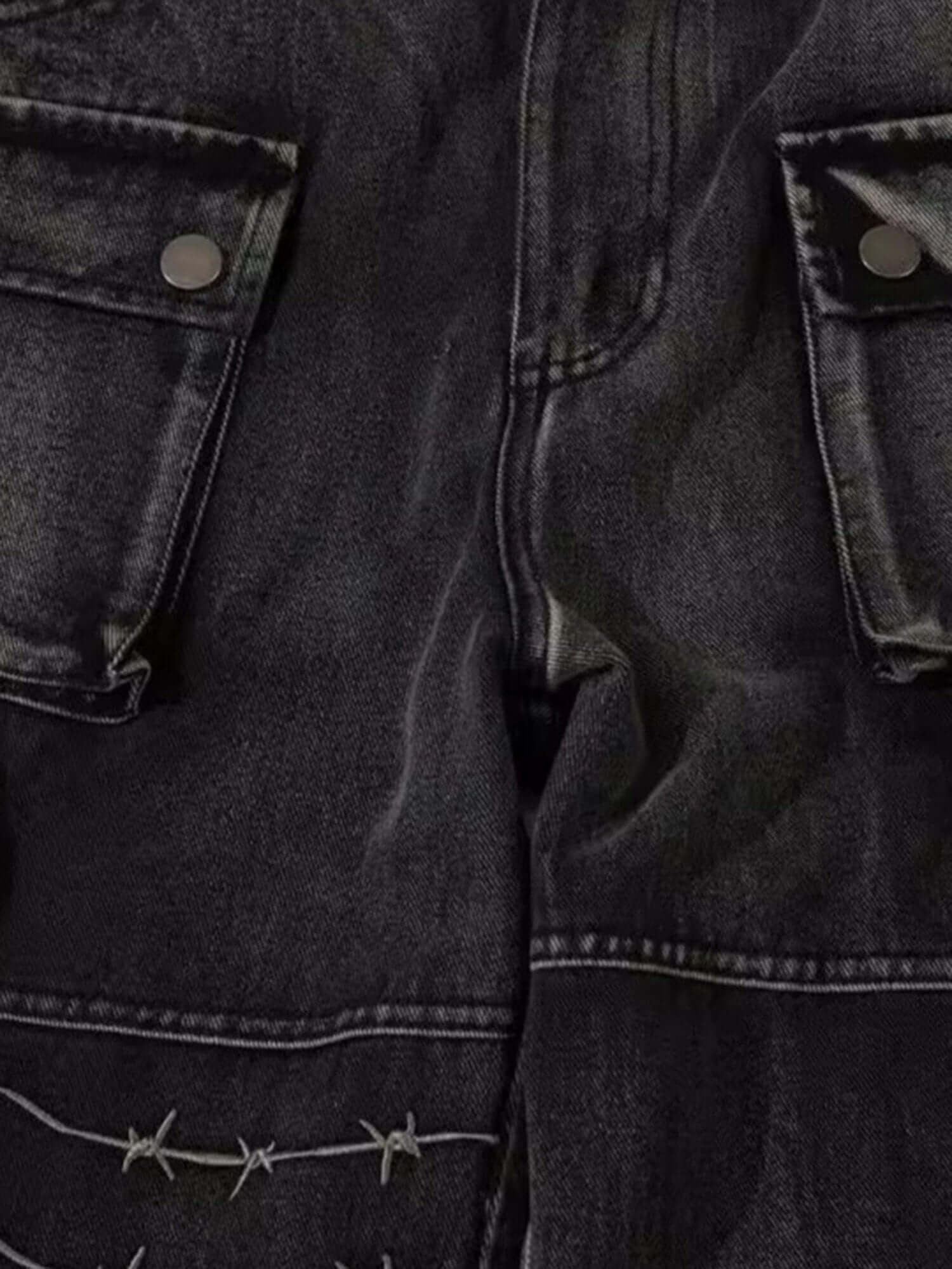 Upgrade your streetwear rotation with the High Street Embroidery Hip Hop Jeans. Crafted from a durable cotton blend, these jeans feature a utility-inspired design with multiple functional pockets, edgy zipper accents, and an adjustable waistband for a cus