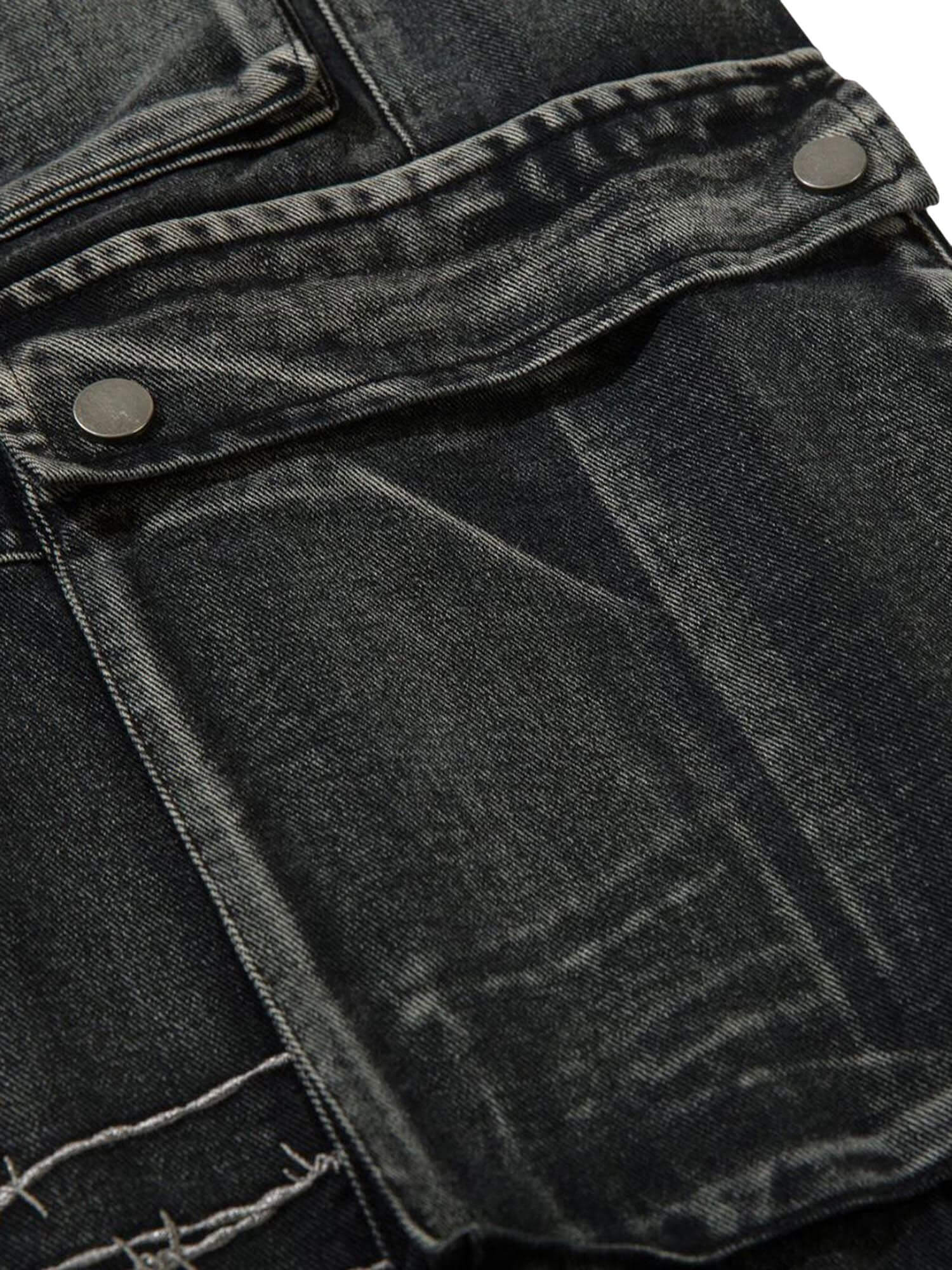 Upgrade your streetwear rotation with the High Street Embroidery Hip Hop Jeans. Crafted from a durable cotton blend, these jeans feature a utility-inspired design with multiple functional pockets, edgy zipper accents, and an adjustable waistband for a cus