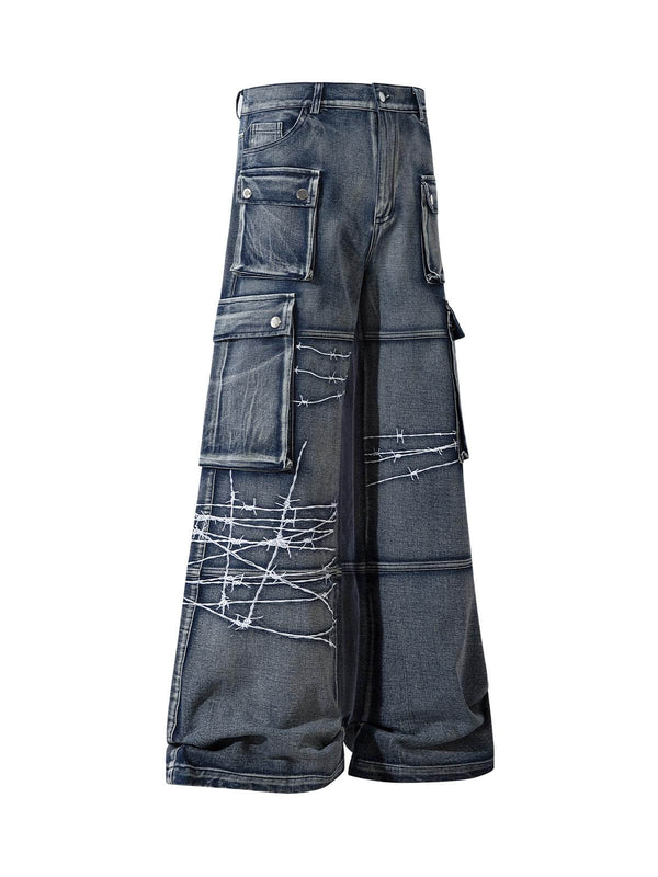 Upgrade your streetwear rotation with the High Street Embroidery Hip Hop Jeans. Crafted from a durable cotton blend, these jeans feature a utility-inspired design with multiple functional pockets, edgy zipper accents, and an adjustable waistband for a cus