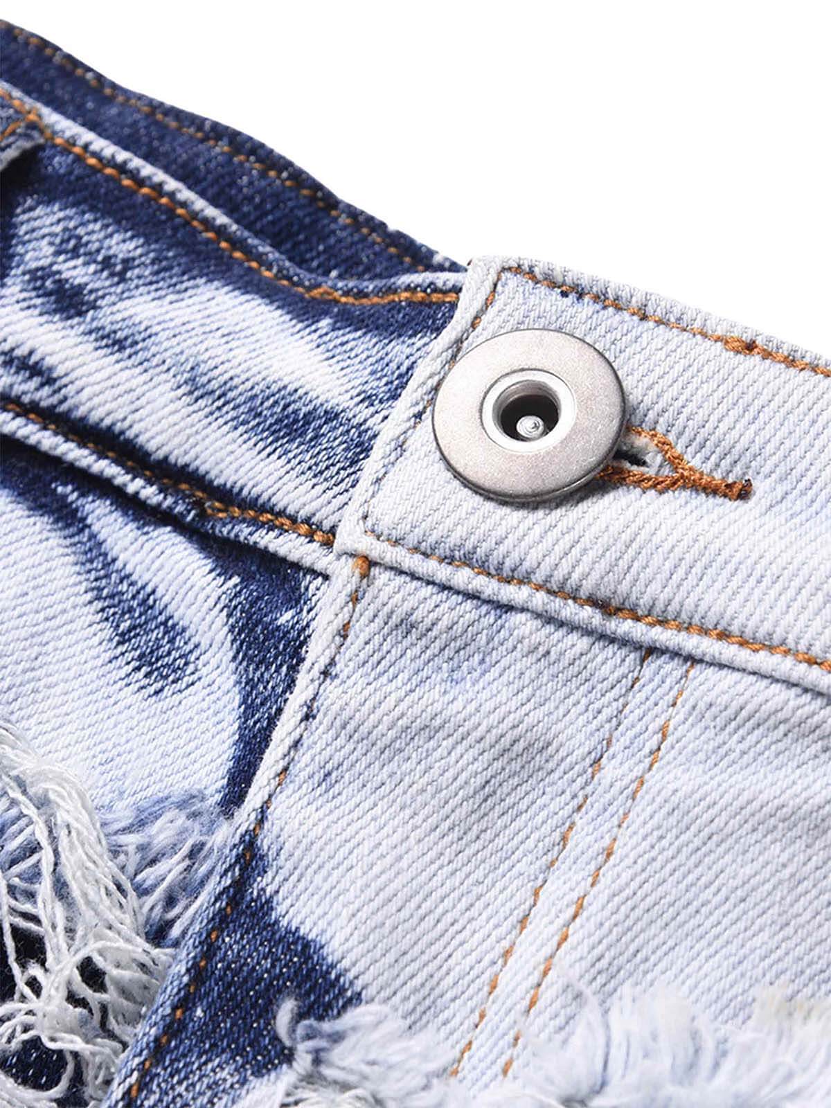 Frayed Bleach Wash Stacked Jeans – button close-up | XoKool