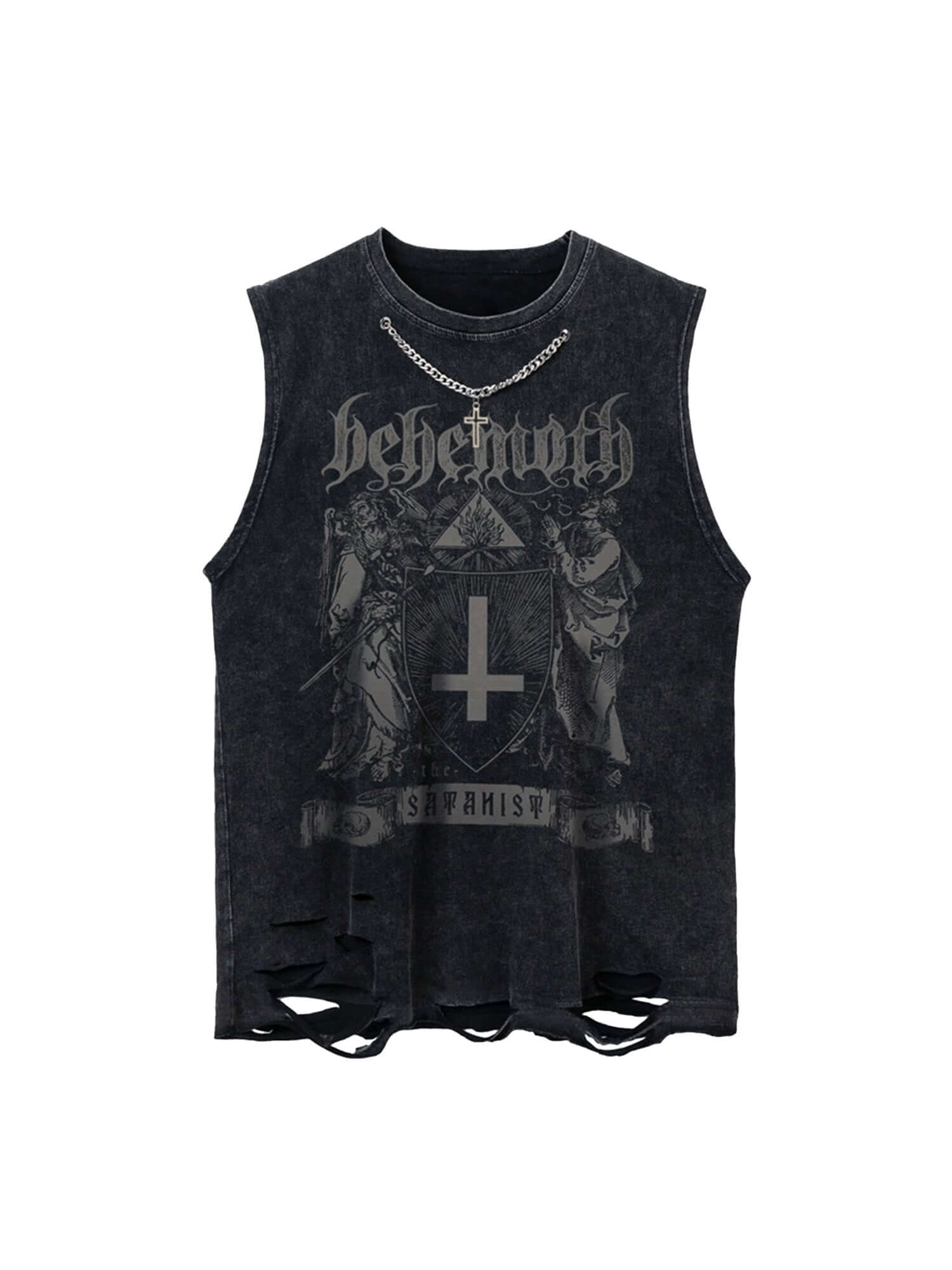 Bring bold attitude to your look with the High Street Ripped Retro Hip Hop Vest. Crafted from a soft cotton blend, this sleeveless V-neck vest features gothic-inspired graphics and heavily distressed edges for a raw, rebellious finish. The relaxed fit and