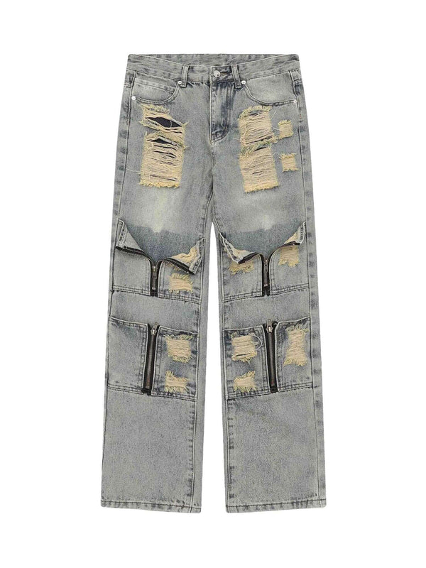 High Street Washed And Torn Work Pockets Denim Pants Streetwear