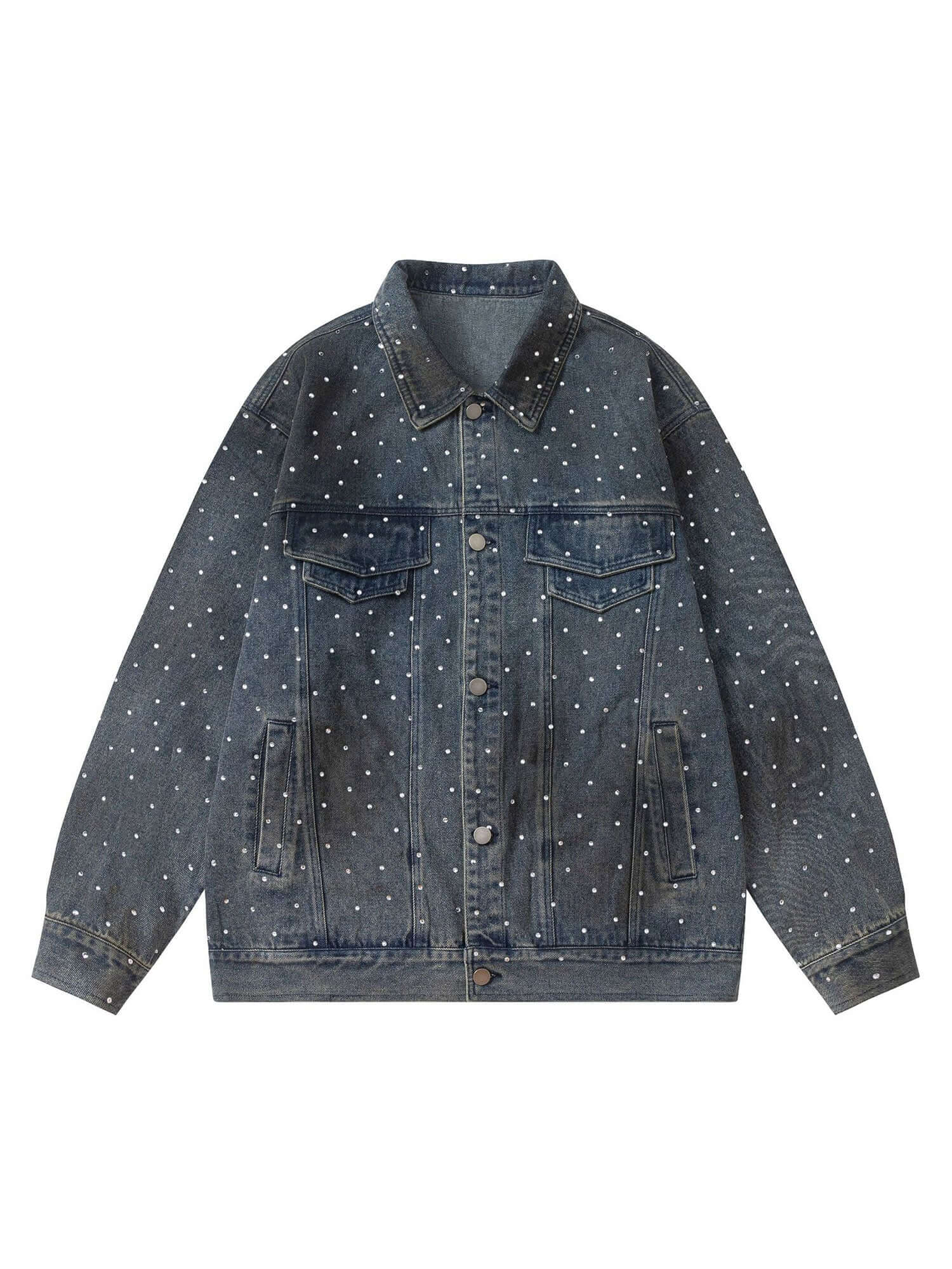 Bring vintage attitude to your wardrobe with the Hip-hop Beaded Washed Denim Jacket — a standout fusion of rugged style and everyday comfort. Crafted from durable denim, this jacket features a unique distressed wash, button closure, chest pockets, and a c