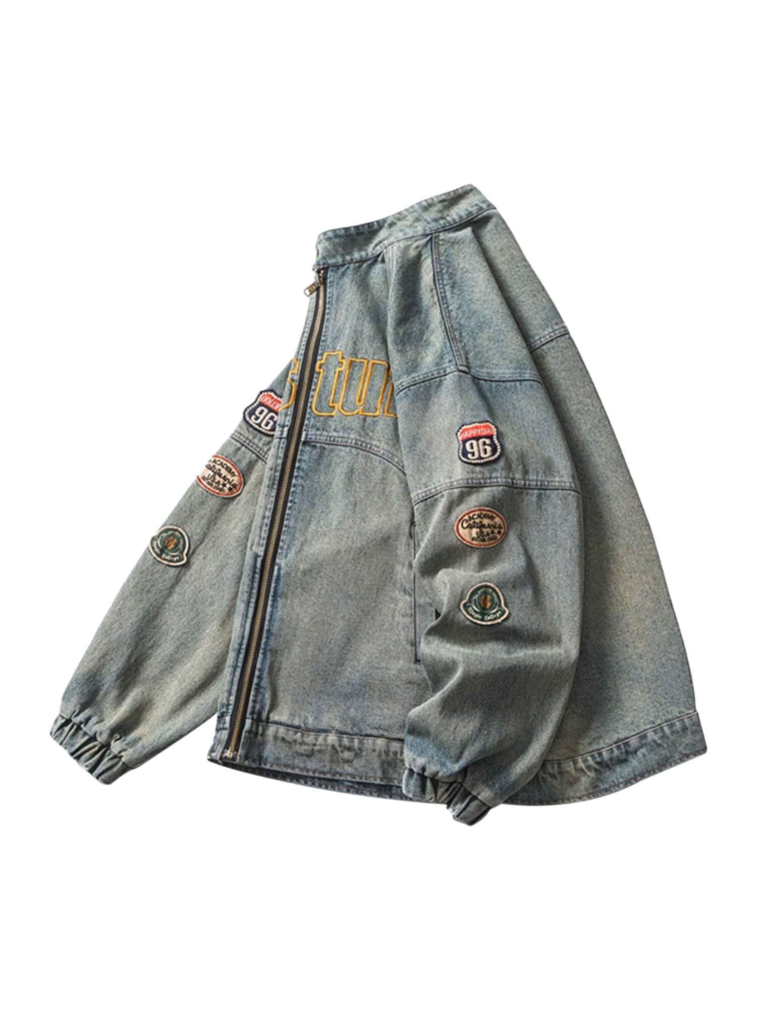 Elevate your streetwear with the Hip Hop Badge Embroidered Do Over Denim Jacket. Made from durable denim, this standout piece features eye-catching embroidered text and graphics across the sleeves and chest, giving it bold personality and hip-hop attitude