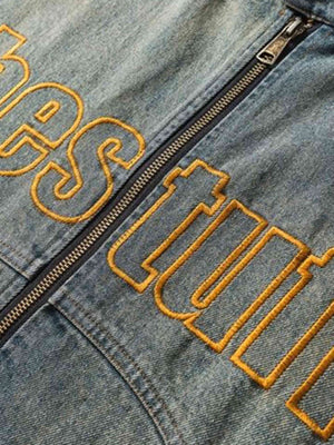 Elevate your streetwear with the Hip Hop Badge Embroidered Do Over Denim Jacket. Made from durable denim, this standout piece features eye-catching embroidered text and graphics across the sleeves and chest, giving it bold personality and hip-hop attitude