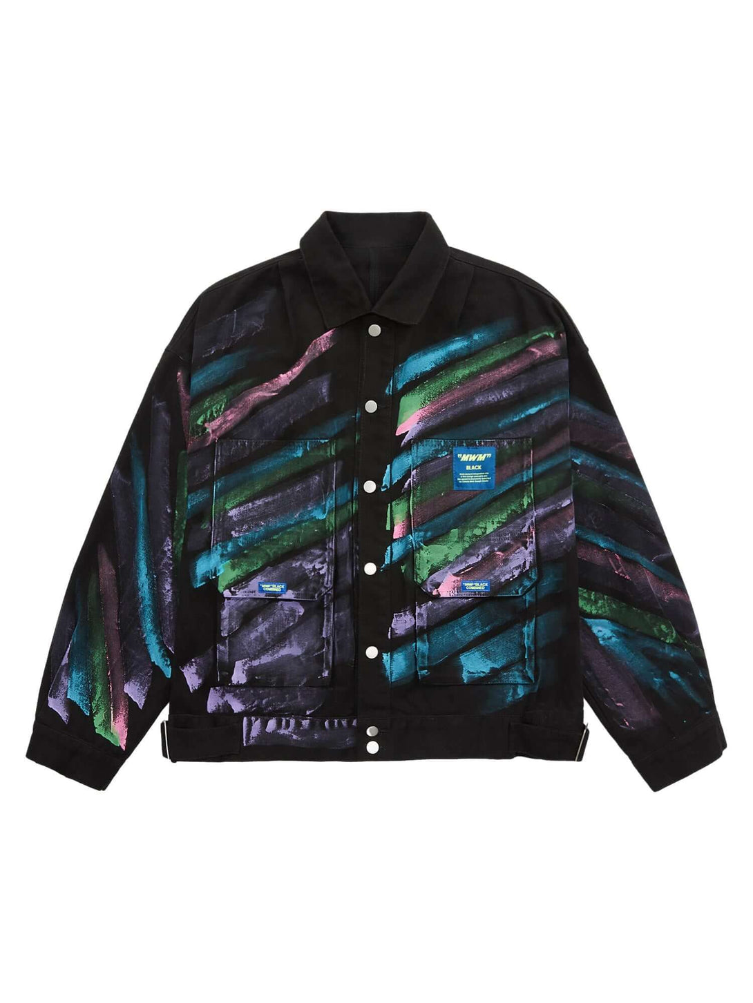 Express your individuality with the Hip Hop Hand Painted Graffiti Denim Jacket. Made from high-quality polyester with a smooth satin finish, this bold jacket features an all-over abstract graffiti print in vibrant neon colors that instantly grabs attentio