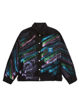 Express your individuality with the Hip Hop Hand Painted Graffiti Denim Jacket. Made from high-quality polyester with a smooth satin finish, this bold jacket features an all-over abstract graffiti print in vibrant neon colors that instantly grabs attentio