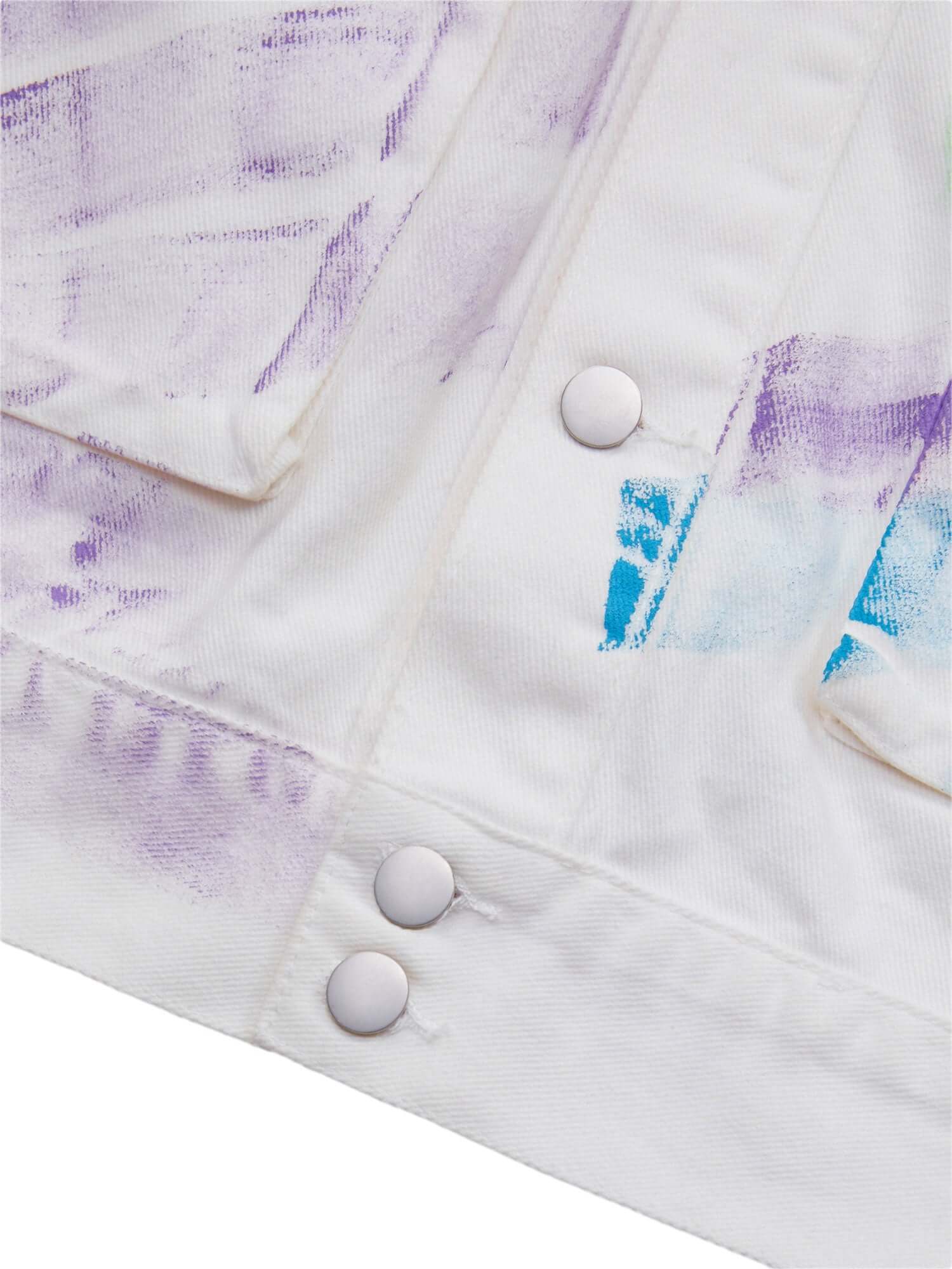 Express your individuality with the Hip Hop Hand Painted Graffiti Denim Jacket. Made from high-quality polyester with a smooth satin finish, this bold jacket features an all-over abstract graffiti print in vibrant neon colors that instantly grabs attentio