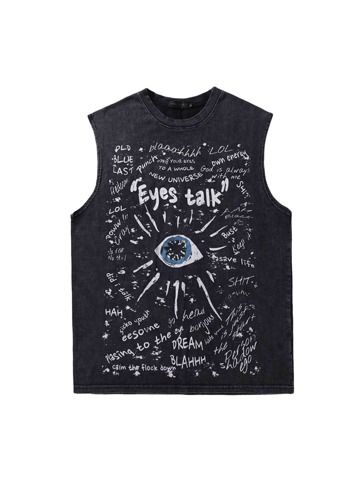 Bring bold street energy to your look with the Hop Vintage Aged Vest. Crafted from a soft and breathable cotton blend, this sleeveless vest features a standout eye graphic and slogan print that command attention. Designed with a classic crew neck and rela