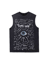 Bring bold street energy to your look with the Hop Vintage Aged Vest. Crafted from a soft and breathable cotton blend, this sleeveless vest features a standout eye graphic and slogan print that command attention. Designed with a classic crew neck and rela
