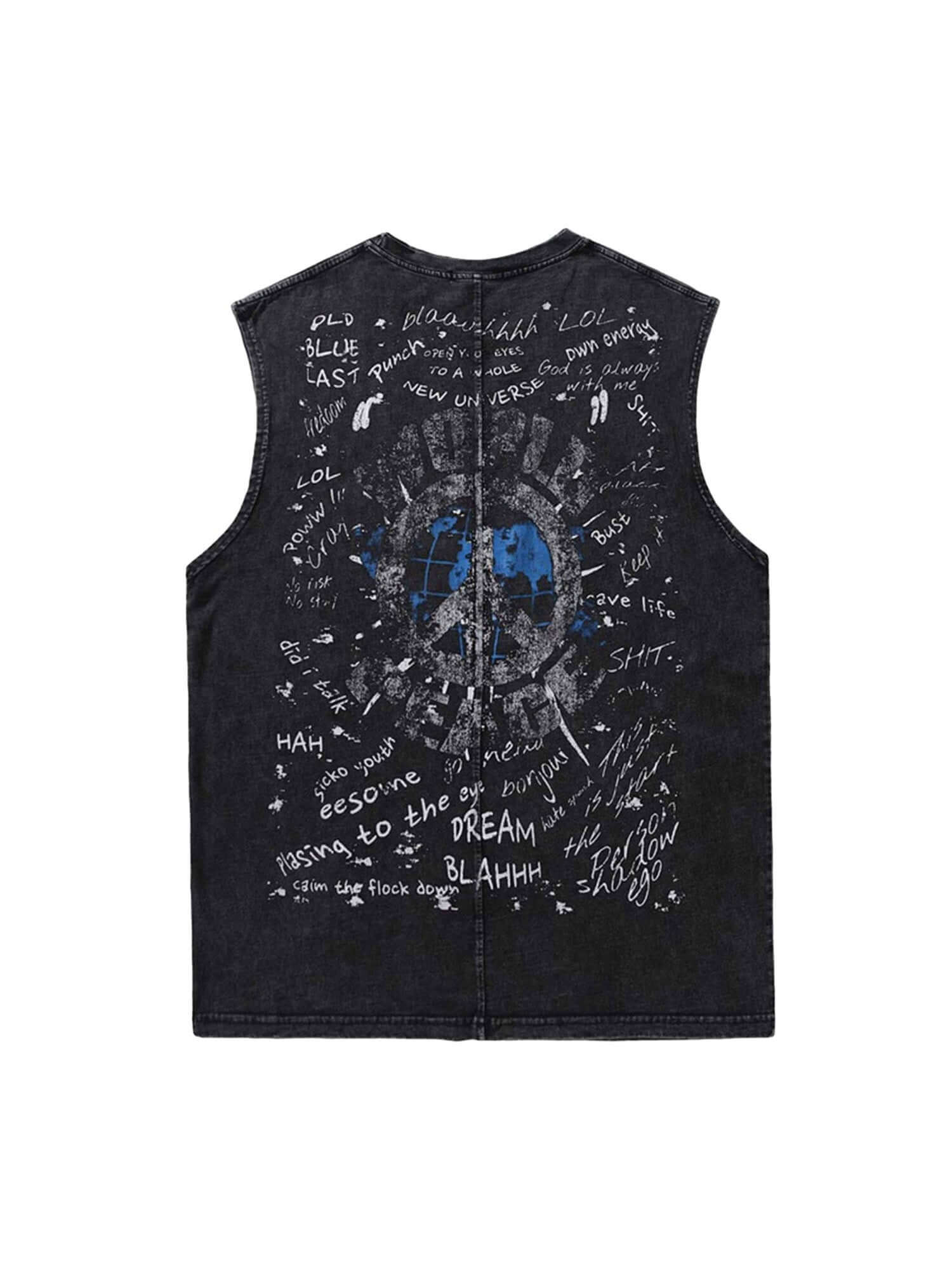 Bring bold street energy to your look with the Hop Vintage Aged Vest. Crafted from a soft and breathable cotton blend, this sleeveless vest features a standout eye graphic and slogan print that command attention. Designed with a classic crew neck and rela
