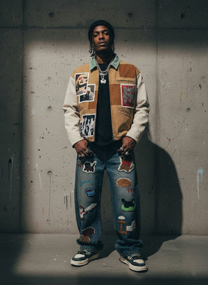Cartoon Patch Barrel Jeans in Vintage Wash – on model, front | XoKool