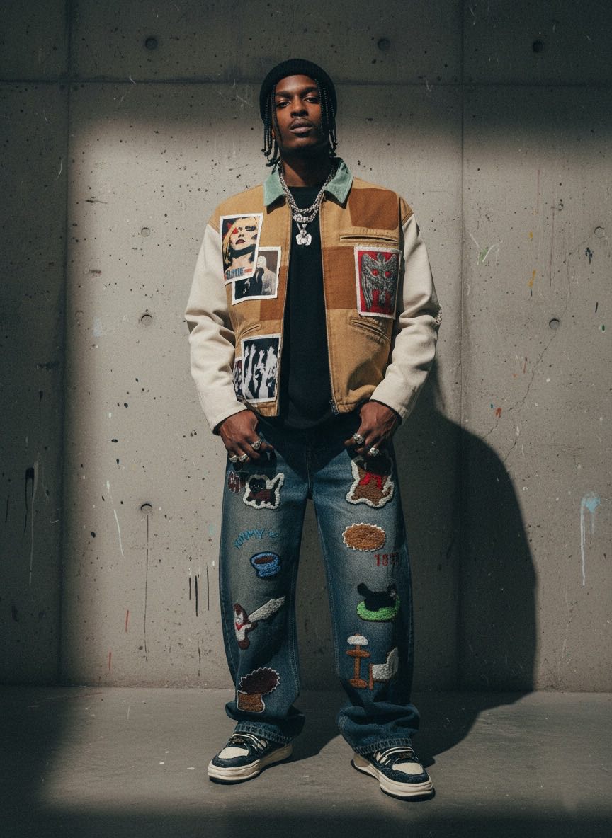 Retro Cartoon Graphic Heavy Embroidery Barrel Jeans