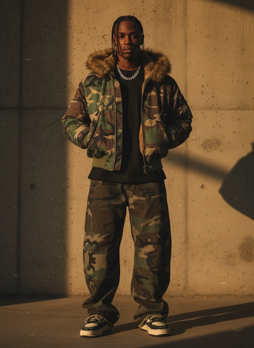 Retro Double Waist Camouflage Barrel Pants