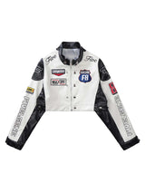 Badge Short PU Leather Racing Jacket Futuristic Street Style - 10502
