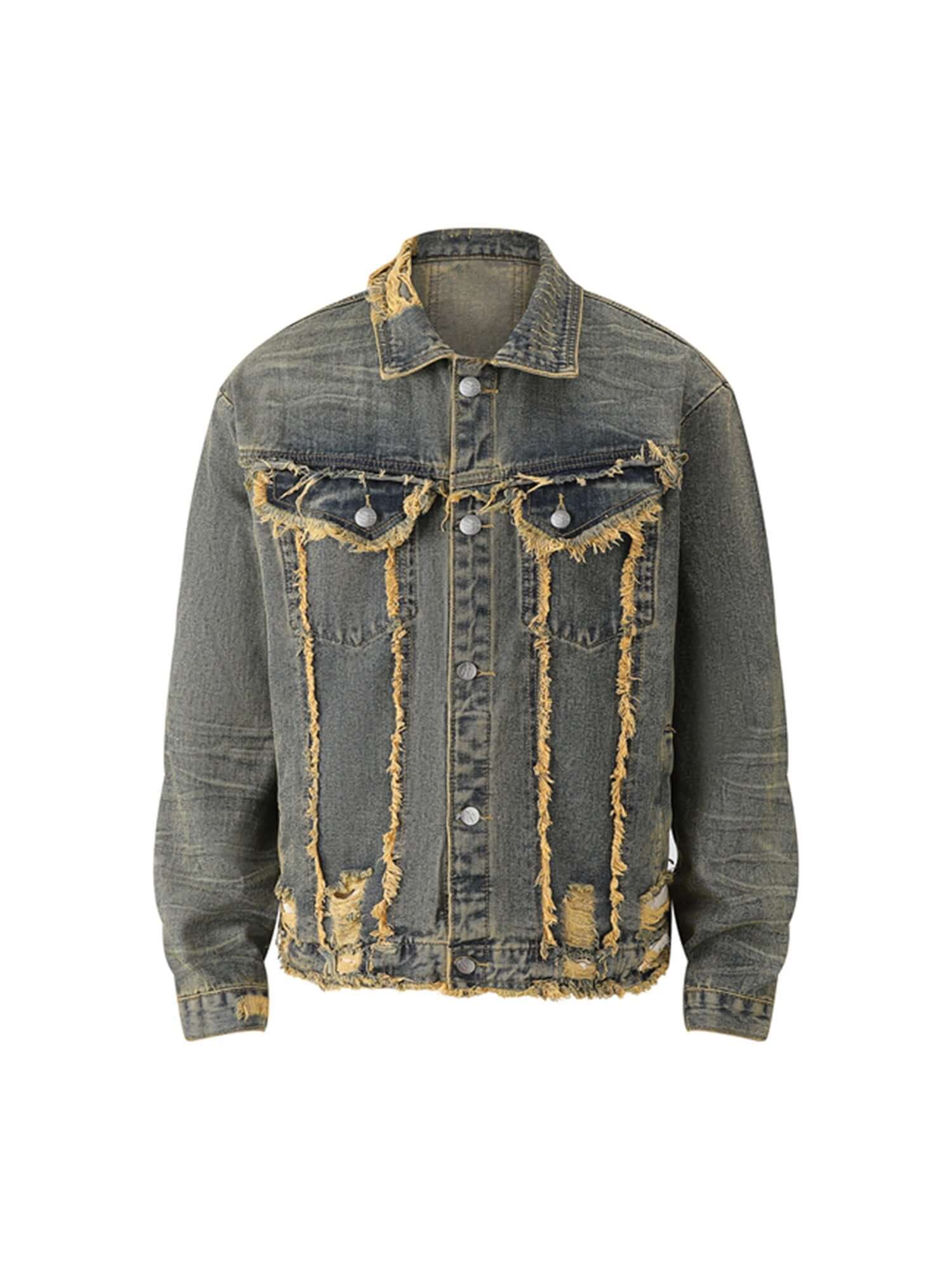 Raw Edge Distressed Denim Jacket Chain Street Style - 10509