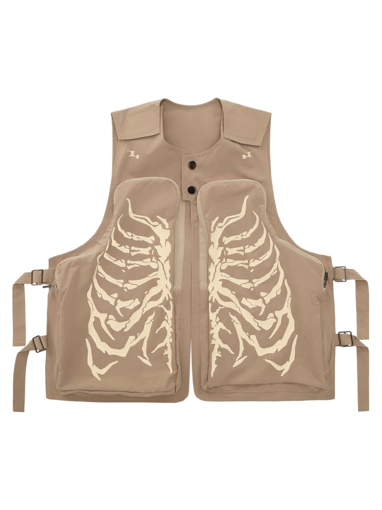 Skeleton Print Padded Cargo Vest Reflective Streetwear Style - 10401