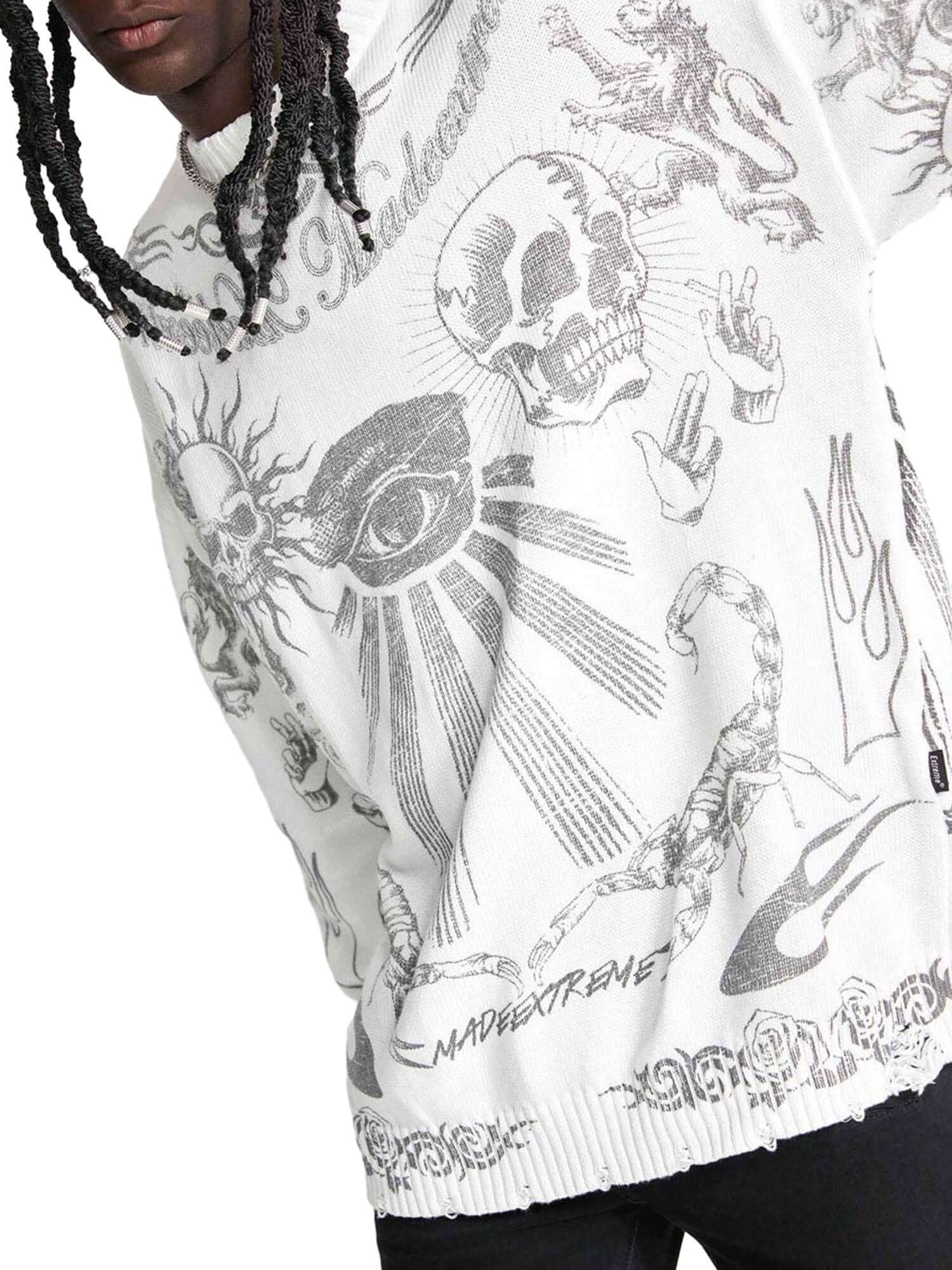 Skull Print Distressed Sweater Zipper Streetwear Style - 4008 - Xokool ®