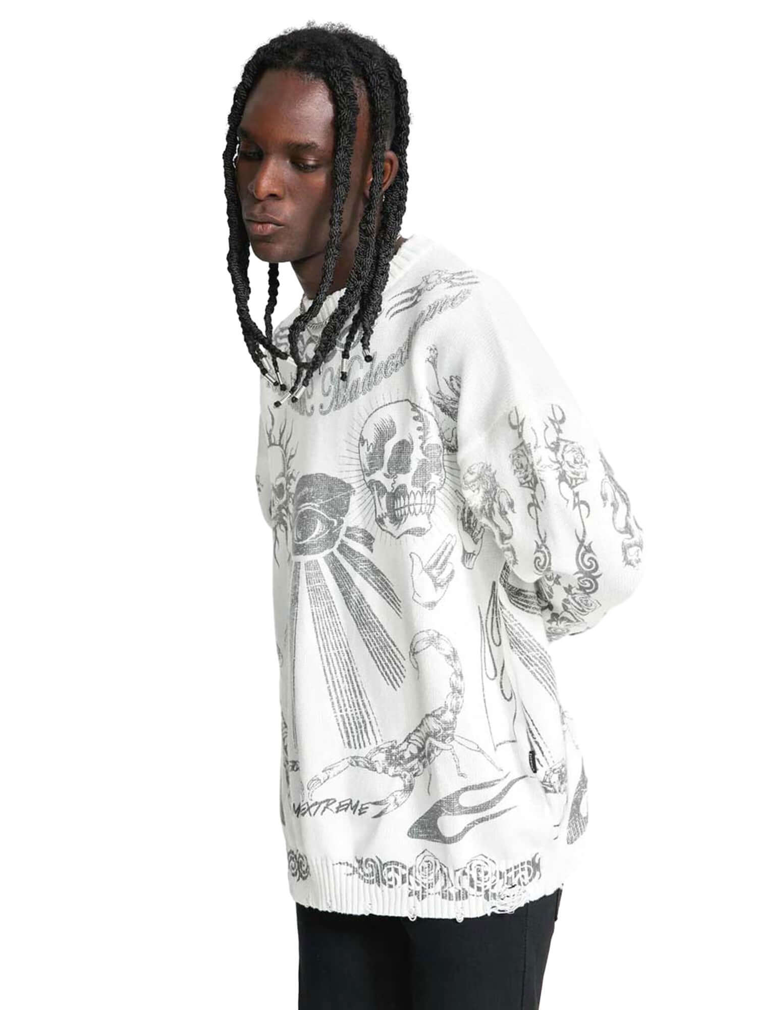 Skull Print Distressed Sweater Zipper Streetwear Style - 4008 - Xokool ®