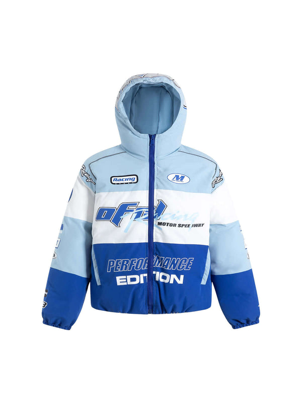 Fuel your winter wardrobe with the Motorcycle Racing Puffer Jacket — a bold outerwear piece inspired by speed and built for warmth. Crafted from durable polyester with cozy fleece lining, this jacket features a dynamic color block pattern, branded patch,