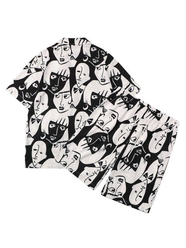 Multi Face Print Summer Short Set Streetwear