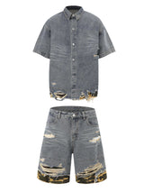 Refresh your summer street style with the Patchwork Camouflage Ripped Shirt Jorts Denim Suit. Made from premium denim with bold camouflage hem detailing, this edgy two-piece set features a distressed, ripped finish that brings an urban, rebellious vibe to