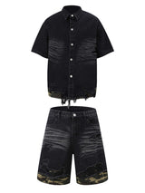 Refresh your summer street style with the Patchwork Camouflage Ripped Shirt Jorts Denim Suit. Made from premium denim with bold camouflage hem detailing, this edgy two-piece set features a distressed, ripped finish that brings an urban, rebellious vibe to