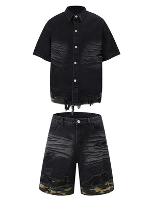 Refresh your summer street style with the Patchwork Camouflage Ripped Shirt Jorts Denim Suit. Made from premium denim with bold camouflage hem detailing, this edgy two-piece set features a distressed, ripped finish that brings an urban, rebellious vibe to
