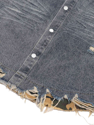 Refresh your summer street style with the Patchwork Camouflage Ripped Shirt Jorts Denim Suit. Made from premium denim with bold camouflage hem detailing, this edgy two-piece set features a distressed, ripped finish that brings an urban, rebellious vibe to