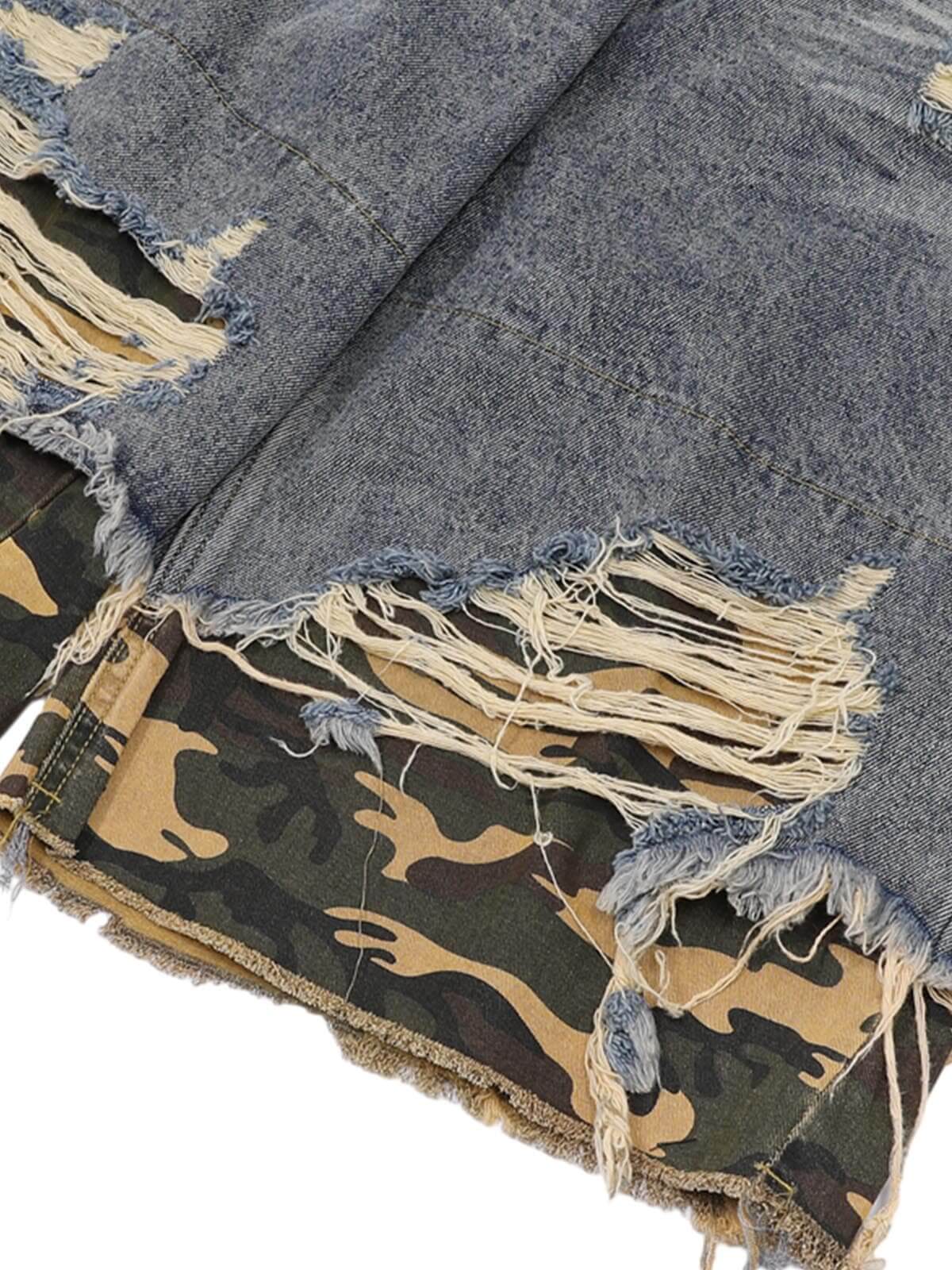 Refresh your summer street style with the Patchwork Camouflage Ripped Shirt Jorts Denim Suit. Made from premium denim with bold camouflage hem detailing, this edgy two-piece set features a distressed, ripped finish that brings an urban, rebellious vibe to