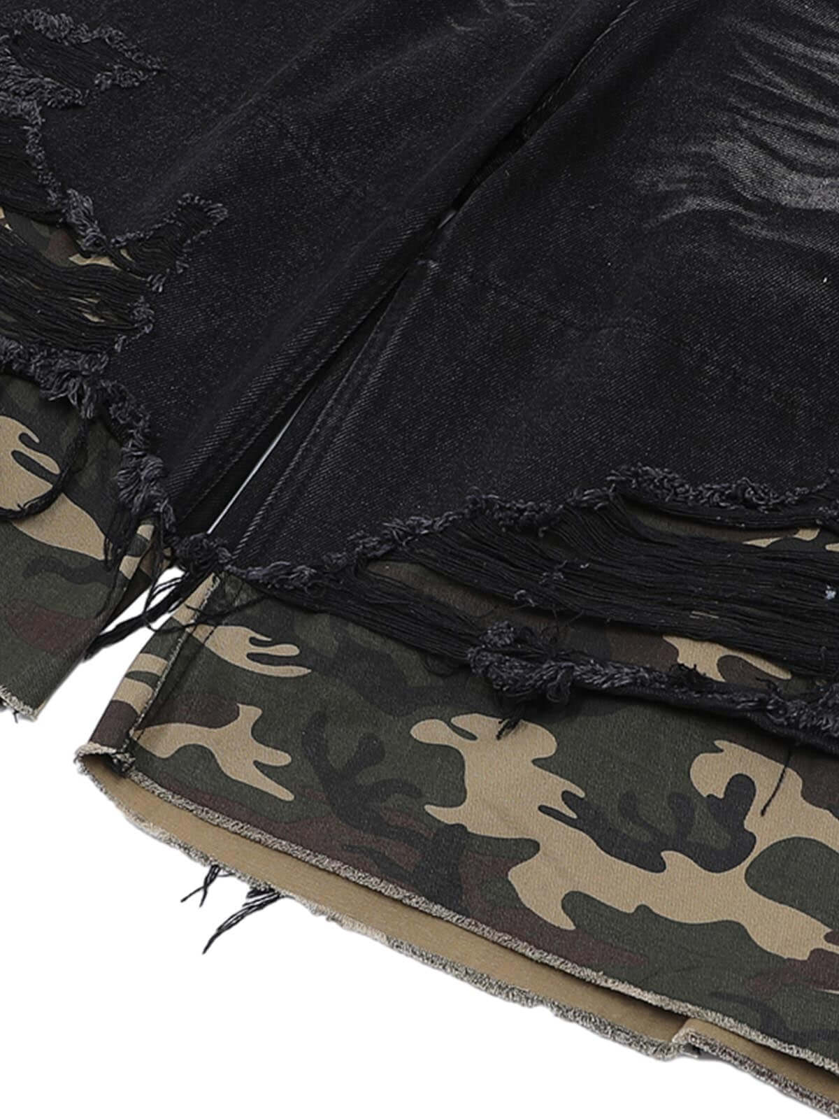 Refresh your summer street style with the Patchwork Camouflage Ripped Shirt Jorts Denim Suit. Made from premium denim with bold camouflage hem detailing, this edgy two-piece set features a distressed, ripped finish that brings an urban, rebellious vibe to