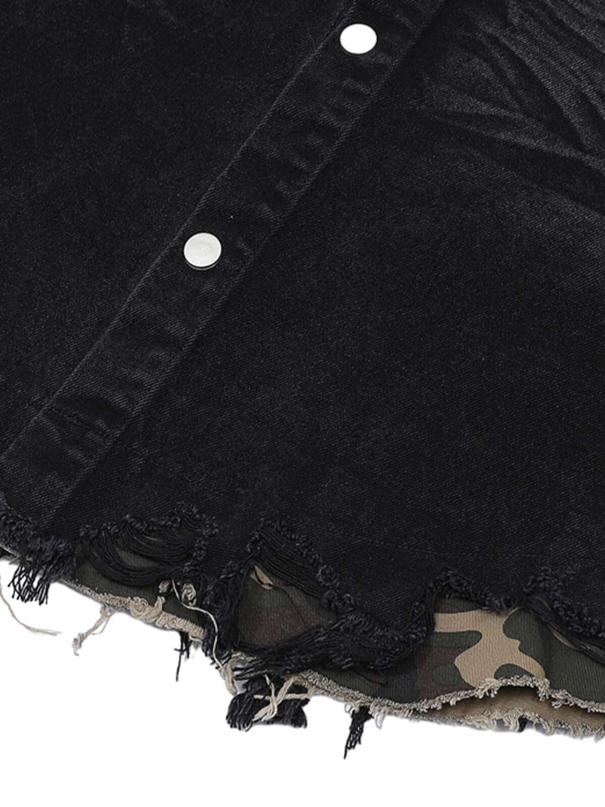 Refresh your summer street style with the Patchwork Camouflage Ripped Shirt Jorts Denim Suit. Made from premium denim with bold camouflage hem detailing, this edgy two-piece set features a distressed, ripped finish that brings an urban, rebellious vibe to