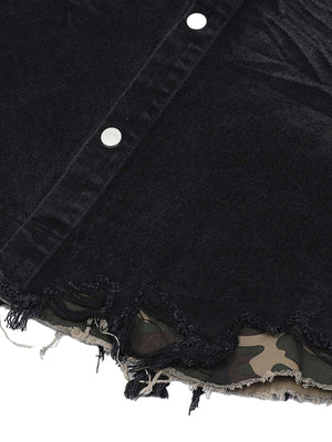 Refresh your summer street style with the Patchwork Camouflage Ripped Shirt Jorts Denim Suit. Made from premium denim with bold camouflage hem detailing, this edgy two-piece set features a distressed, ripped finish that brings an urban, rebellious vibe to