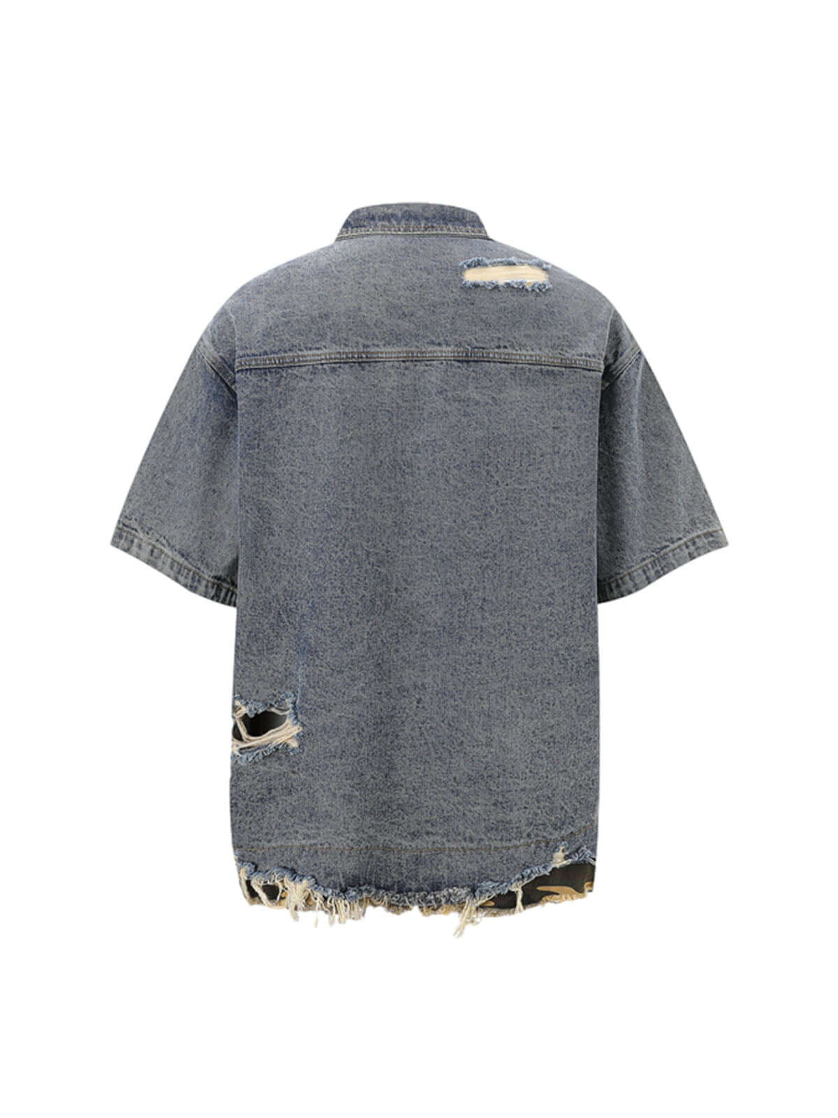 Refresh your summer street style with the Patchwork Camouflage Ripped Shirt Jorts Denim Suit. Made from premium denim with bold camouflage hem detailing, this edgy two-piece set features a distressed, ripped finish that brings an urban, rebellious vibe to