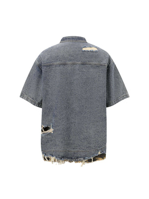 Refresh your summer street style with the Patchwork Camouflage Ripped Shirt Jorts Denim Suit. Made from premium denim with bold camouflage hem detailing, this edgy two-piece set features a distressed, ripped finish that brings an urban, rebellious vibe to