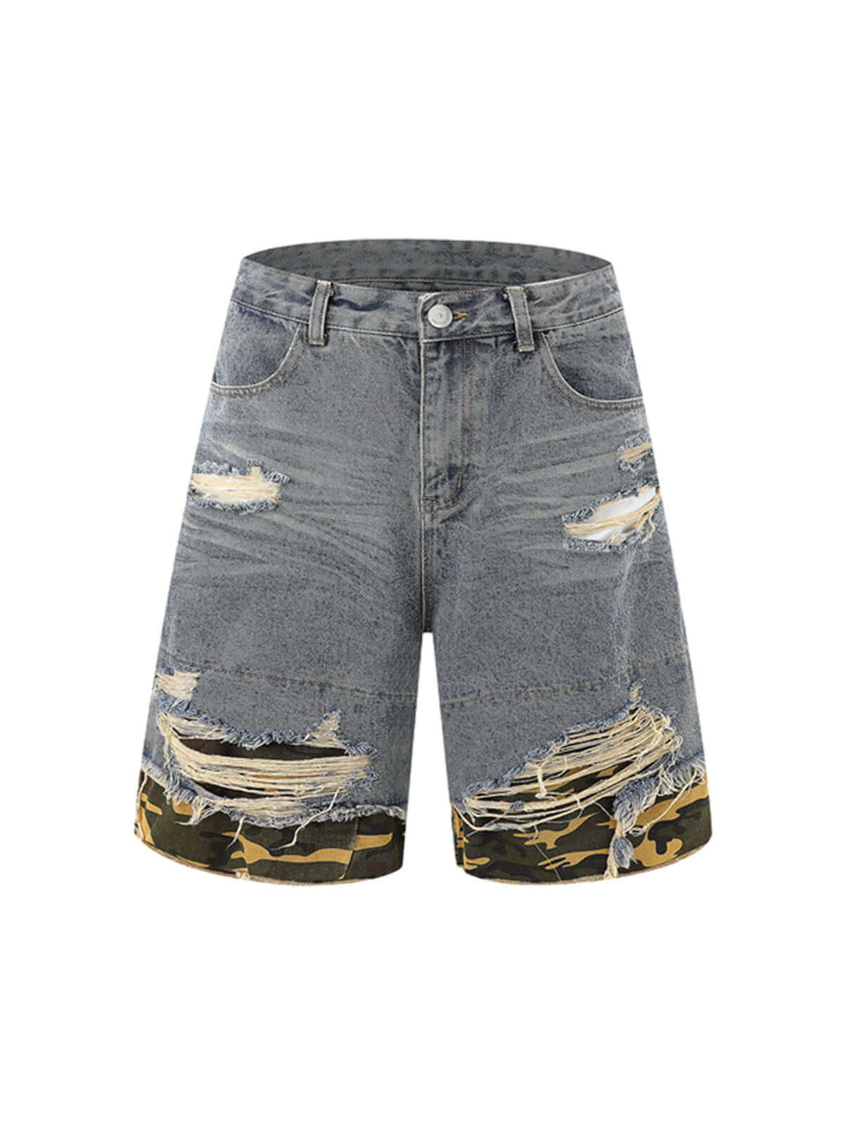 Refresh your summer street style with the Patchwork Camouflage Ripped Shirt Jorts Denim Suit. Made from premium denim with bold camouflage hem detailing, this edgy two-piece set features a distressed, ripped finish that brings an urban, rebellious vibe to