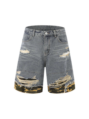 Refresh your summer street style with the Patchwork Camouflage Ripped Shirt Jorts Denim Suit. Made from premium denim with bold camouflage hem detailing, this edgy two-piece set features a distressed, ripped finish that brings an urban, rebellious vibe to
