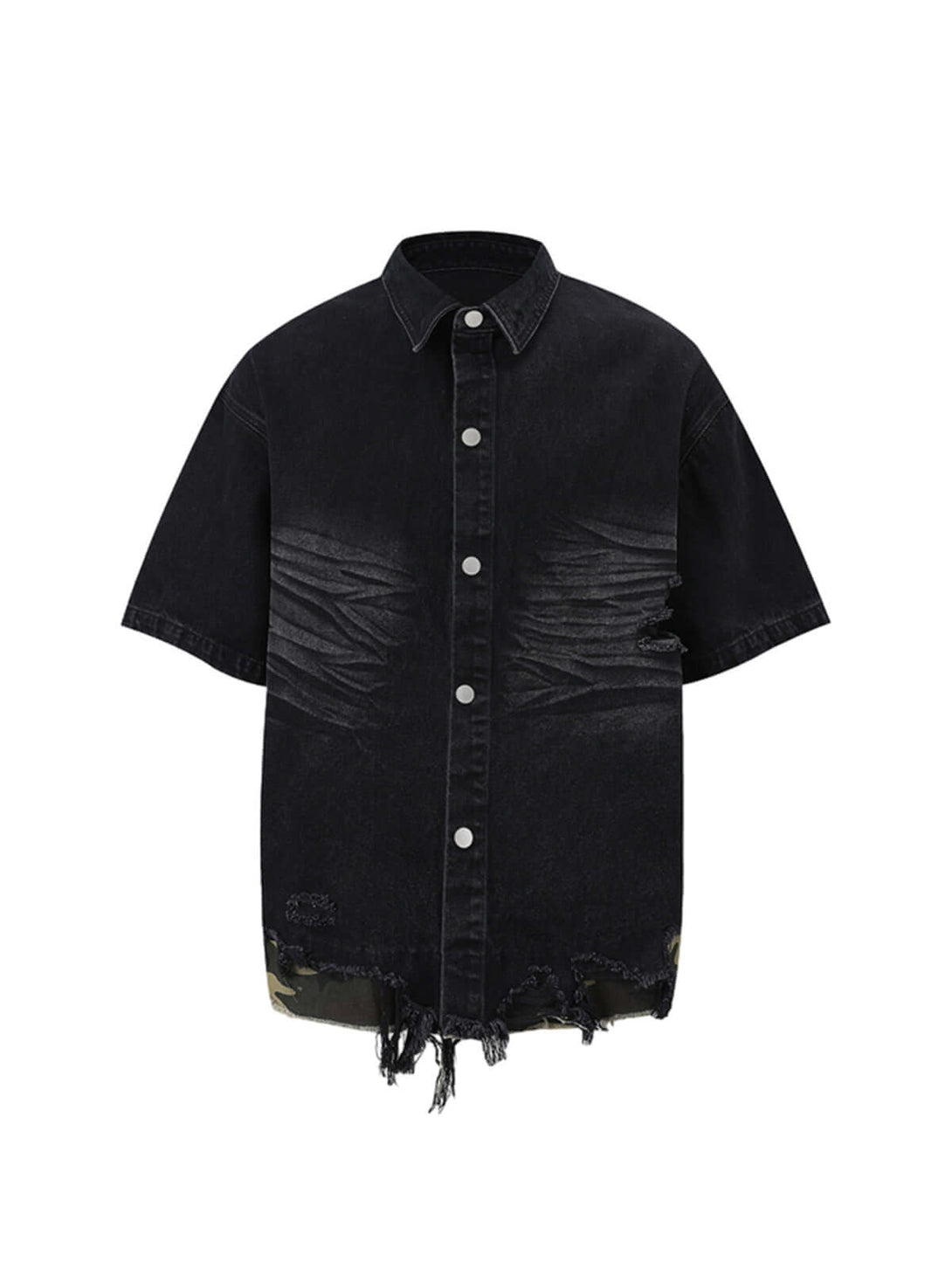 Refresh your summer street style with the Patchwork Camouflage Ripped Shirt Jorts Denim Suit. Made from premium denim with bold camouflage hem detailing, this edgy two-piece set features a distressed, ripped finish that brings an urban, rebellious vibe to