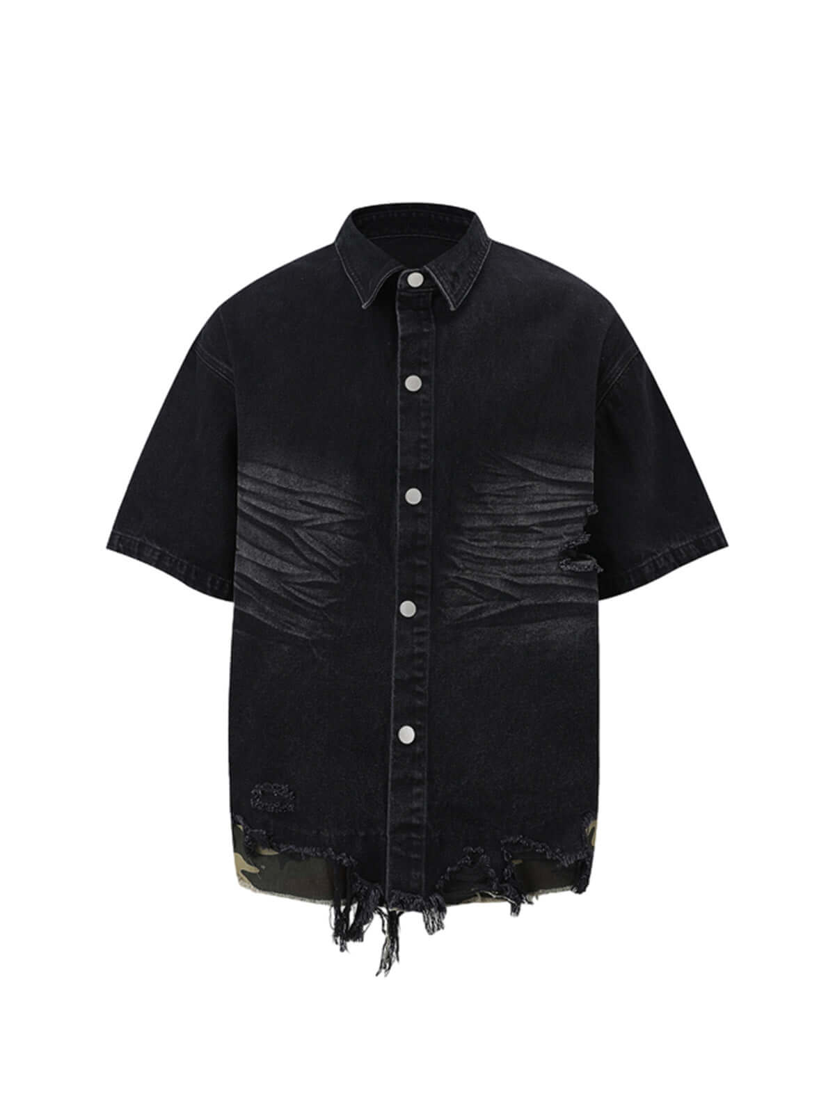 Refresh your summer street style with the Patchwork Camouflage Ripped Shirt Jorts Denim Suit. Made from premium denim with bold camouflage hem detailing, this edgy two-piece set features a distressed, ripped finish that brings an urban, rebellious vibe to