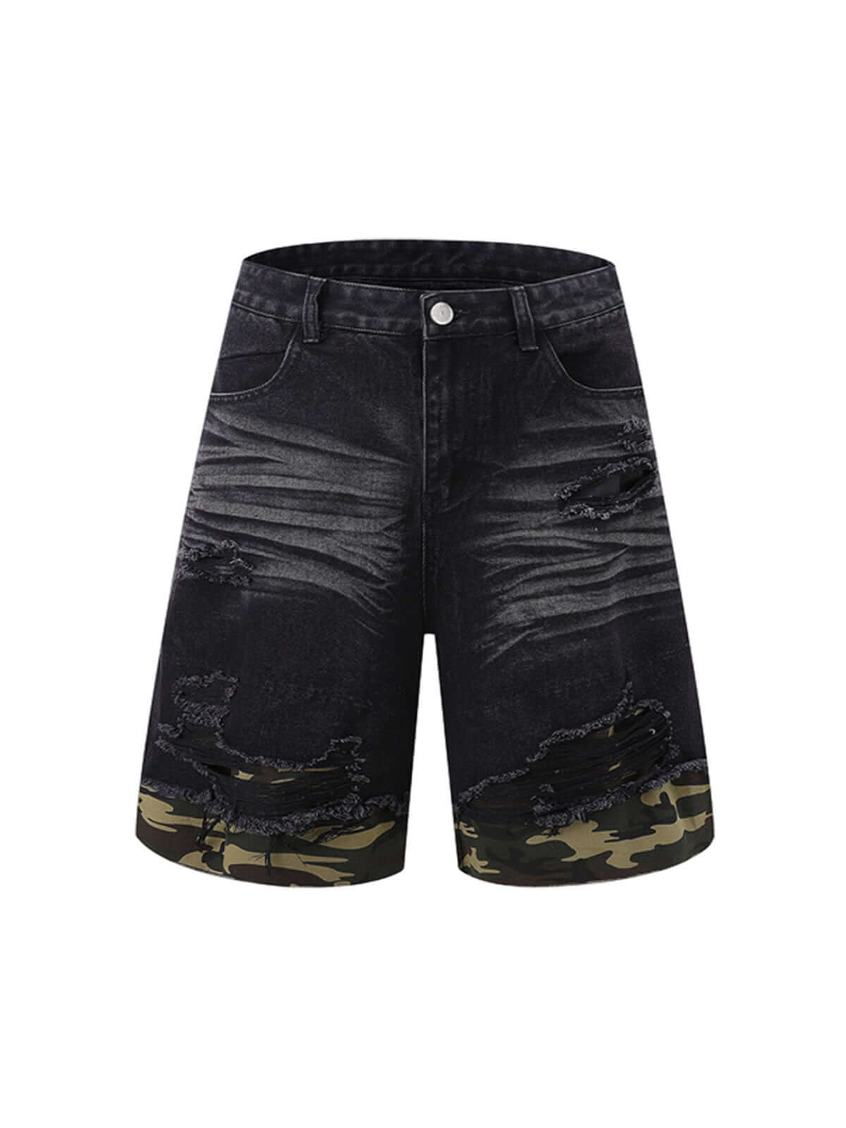Refresh your summer street style with the Patchwork Camouflage Ripped Shirt Jorts Denim Suit. Made from premium denim with bold camouflage hem detailing, this edgy two-piece set features a distressed, ripped finish that brings an urban, rebellious vibe to
