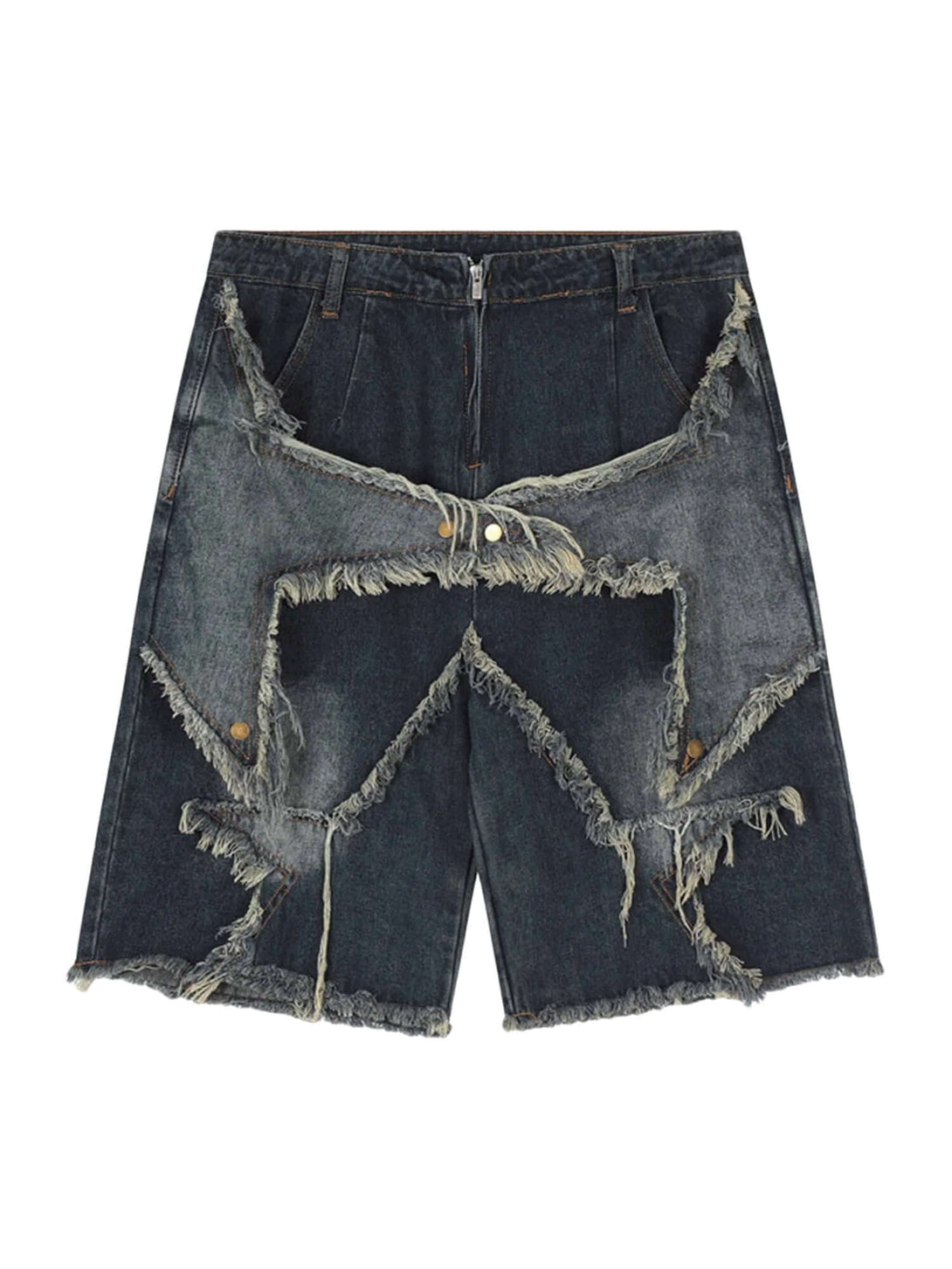 Turn heads this season with the American Pentagram Tassel Patch Denim Shorts. Crafted from durable denim, these high-waisted shorts feature bold geometric patchwork and a unique pentagram-inspired design. The frayed hem adds an extra dose of edge, while t