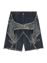 Turn heads this season with the American Pentagram Tassel Patch Denim Shorts. Crafted from durable denim, these high-waisted shorts feature bold geometric patchwork and a unique pentagram-inspired design. The frayed hem adds an extra dose of edge, while t