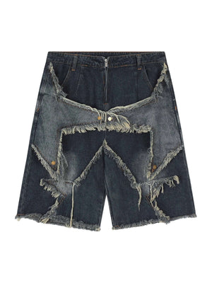 Turn heads this season with the American Pentagram Tassel Patch Denim Shorts. Crafted from durable denim, these high-waisted shorts feature bold geometric patchwork and a unique pentagram-inspired design. The frayed hem adds an extra dose of edge, while t