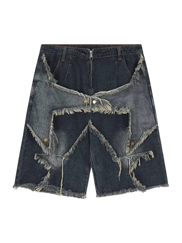 Turn heads this season with the American Pentagram Tassel Patch Denim Shorts. Crafted from durable denim, these high-waisted shorts feature bold geometric patchwork and a unique pentagram-inspired design. The frayed hem adds an extra dose of edge, while t