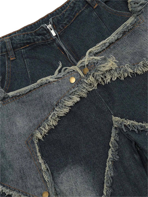 Turn heads this season with the American Pentagram Tassel Patch Denim Shorts. Crafted from durable denim, these high-waisted shorts feature bold geometric patchwork and a unique pentagram-inspired design. The frayed hem adds an extra dose of edge, while t