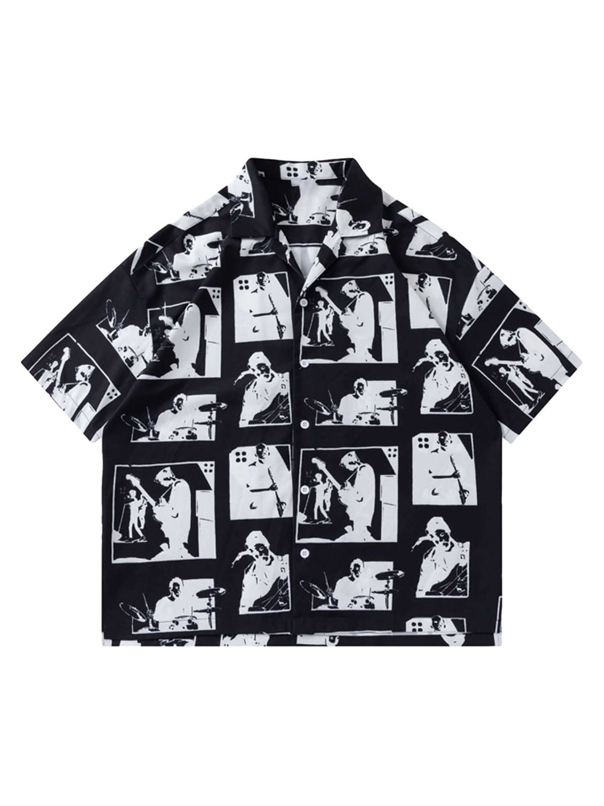 Silhouette print camp collar shirt – Black, front view | XoKool