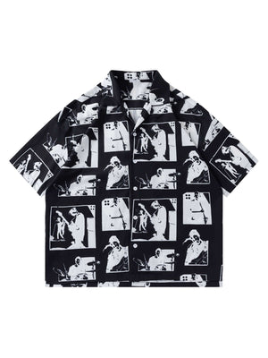 Silhouette print camp collar shirt – Black, front view | XoKool
